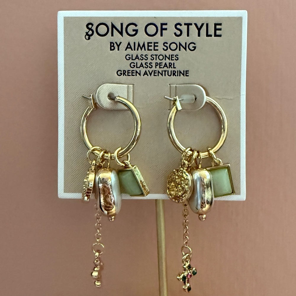 Song of Style Aimee Song Gold Green Hoop Dangle Charm Pearl Aventurine Earrings - Picture 7 of 7